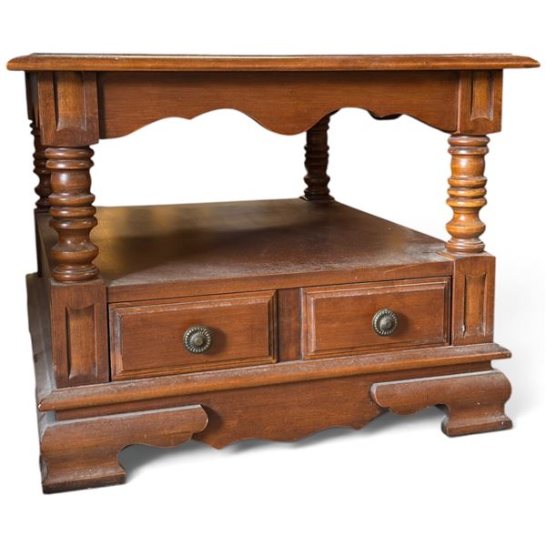 Wooden Side Table w Turned Legs & Two Drawers 24x28x19"