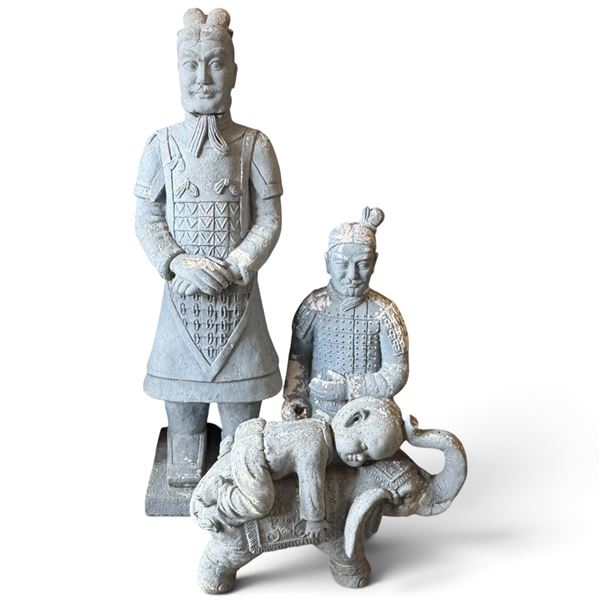 Set of Stone-Like Garden Sculptures Terracotta Warrior Sculptures & Elephant Tallest is 46"