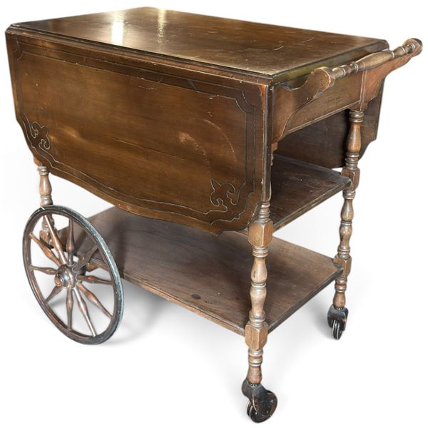 Vintage Wooden Drop-Leaf Tea Cart w Wheels