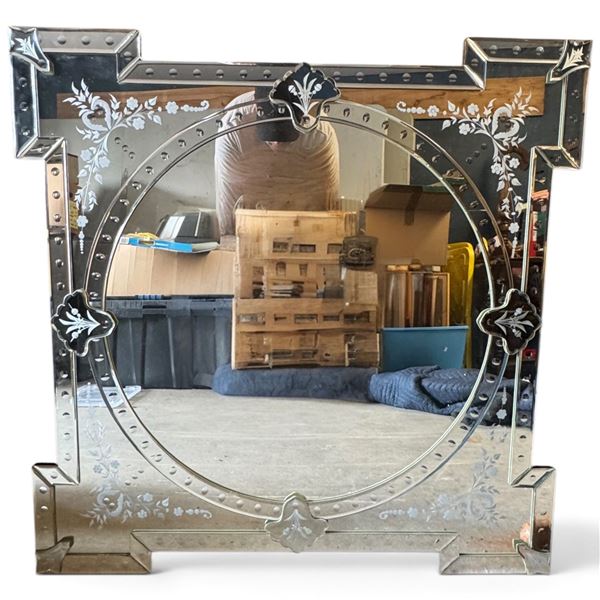 Art Deco Style Etched Mirror w Decorative Corners 36x36"