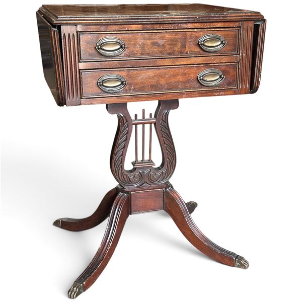 Wooden Drop-Leaf Lyre Pedestal Table w Brass Handles 19x15x26" Folded In