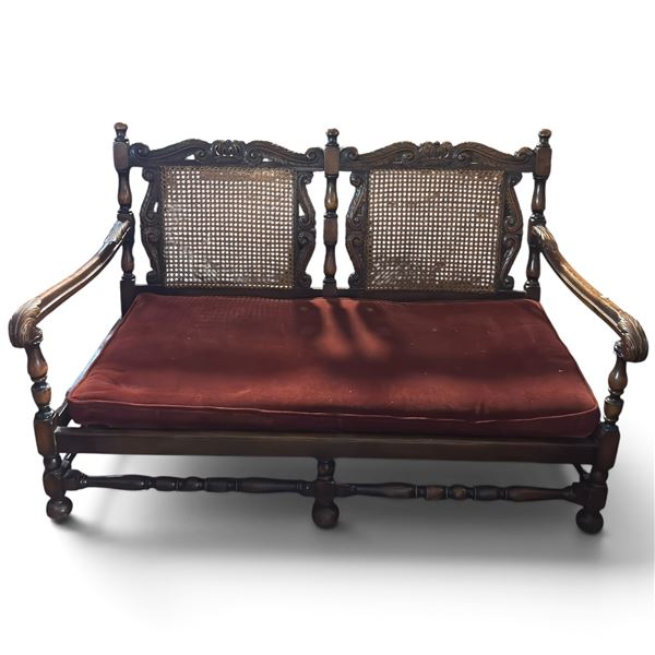 Antique Settee/Wooden Bench w Cane Backrest & Red Cushion 55x32x33"