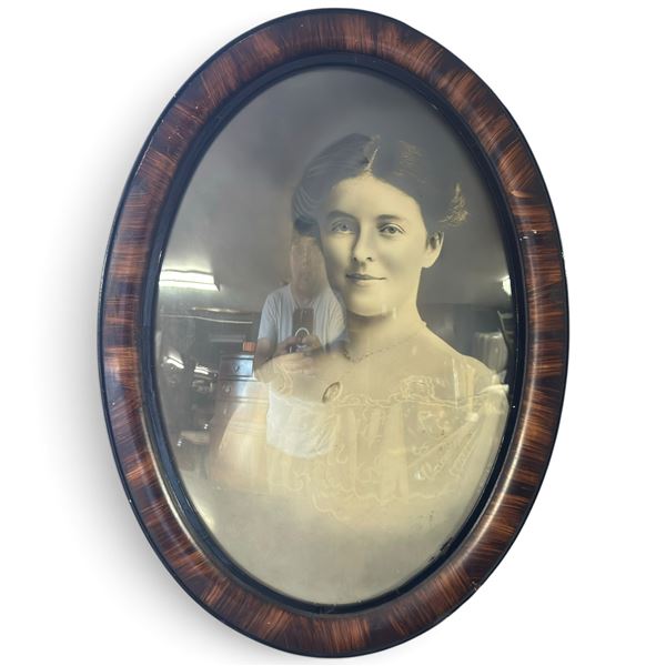 Antique Oval Wooden Frame & Portrait W Convex Glass - 22.5x16.5"