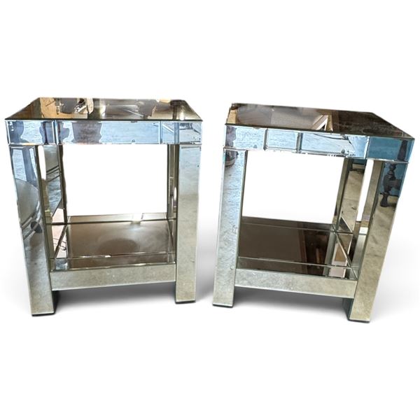 Pair of Mirrored Side Tables w Shelves 17x12.5x20.5"