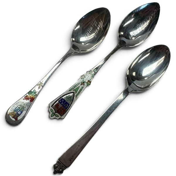 3 Vintage Sterling Silver Souvenir Spoons * 2 Enameled Canadian & 1 British (Total weight: 42 grams)