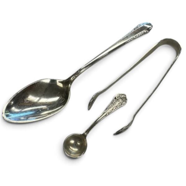 Vintage Sterling Silver Spoon, Salt Spoon & Birks Sterling Sugar Tongs (Total weight: 34 grams)