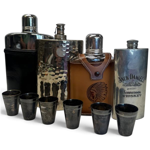4 Assorted Flasks and a Stack of Silver Plated Shot Glasses
