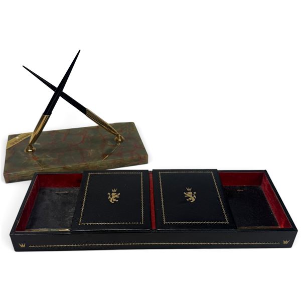 Vintage Marble Pen Stand and Leather Valet Tray
