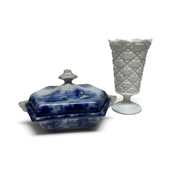 Antique Staffordshire Serving Dish & Vintage Milk Glass Vase "Quilt Pattern" - Vase is 9" tall x 5.5