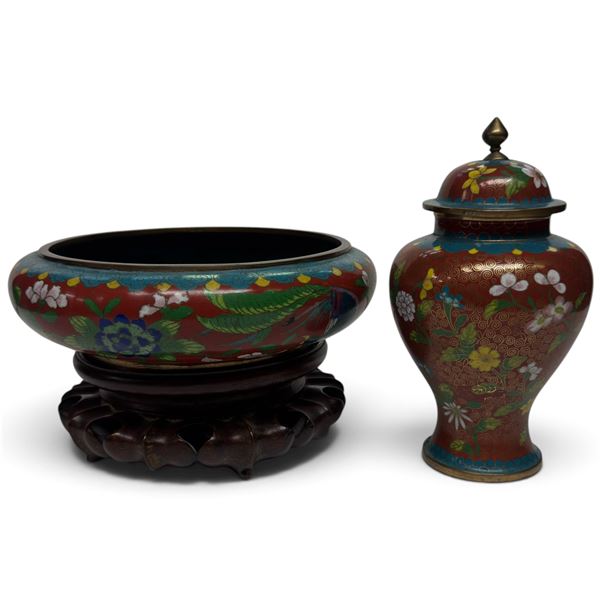 Vintage Red & Blue Cloisonne Ginger Jar & Bowl - Vase is 7" tall and bowl is 9" diameter