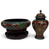 Image 1 : Vintage Red & Blue Cloisonne Ginger Jar & Bowl - Vase is 7" tall and bowl is 9" diameter