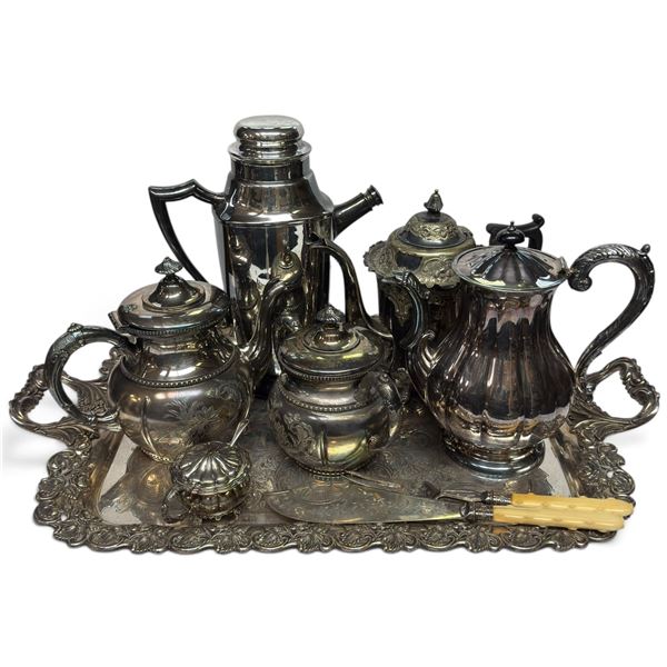 Group of Vintage Silverplated Tea & Coffee Pots on Tray