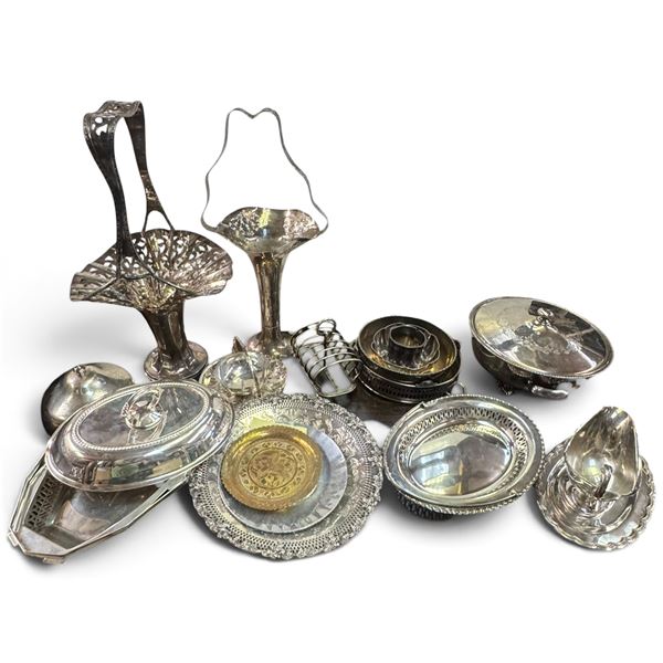 Large Group of Vintage Silverplated Vases and Serving Items - Largest Vase is 8: x 11" x 18" tall