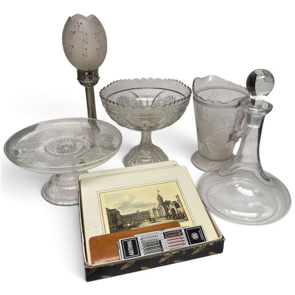 Group of Vintage Glass & Placemats & Contemporary Liquor Decanter * features a candle lamp with hand