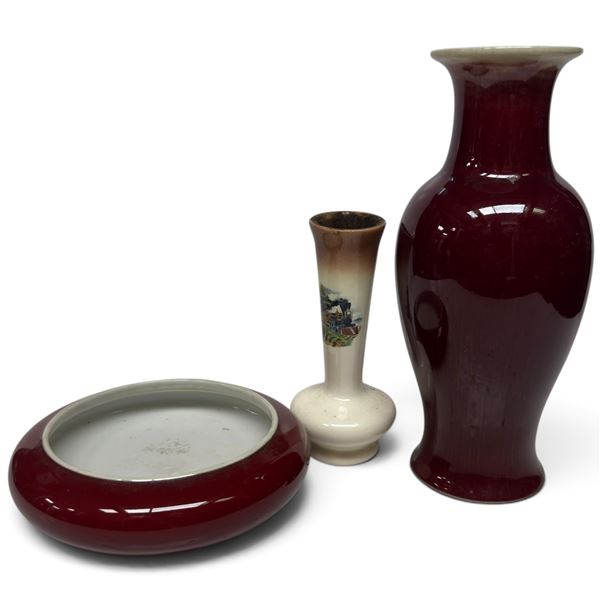 2 Glazed Porcelain Vases & 1 Bowl - Largest Vase is 10" tall x 5" diameter