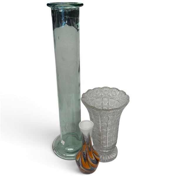 1970s Italian Opaline Glass Vase (8"), Green Glass Floor Vase & Cut Crystal Vase (Small chip on rim)