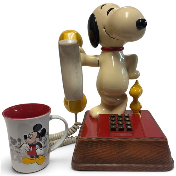 Snoopy & Woodstock Push-Button Telephone w Mickey Mouse Ceramic Mug