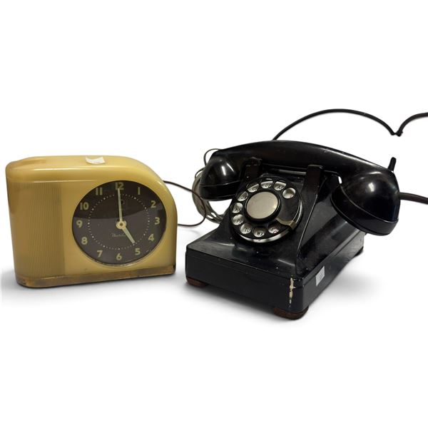 Black Rotary Dial Telephone & Yellow Telechron Clock