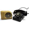Image 1 : Black Rotary Dial Telephone & Yellow Telechron Clock