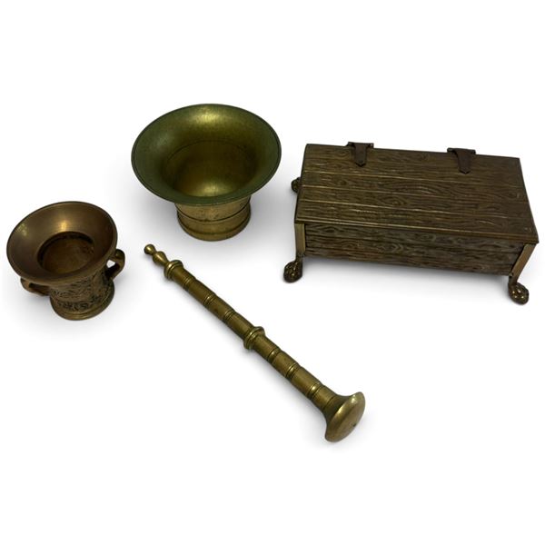 Collection of Vintage Brass Decorative Items; Cigar Case, Vases & Pommel