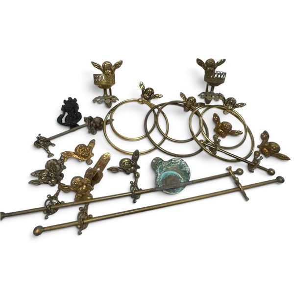Bathroom Set with Brass Cherub Towel Bar, Rings & Decorative Hardware