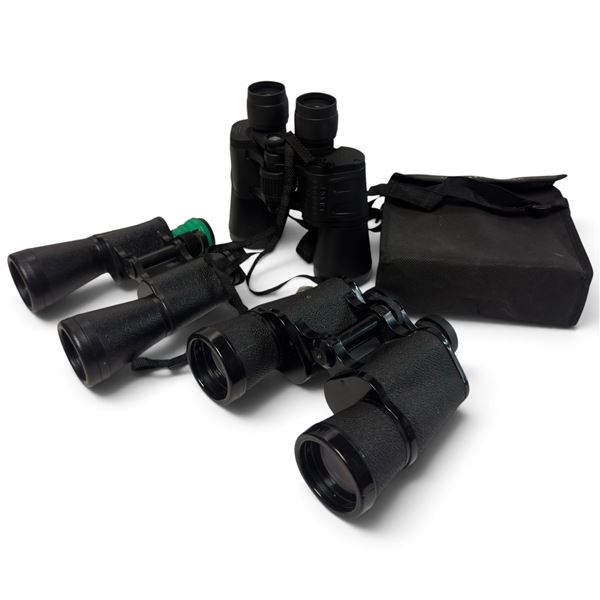 Three Pairs of Binoculars: Tasco & Baigish Binoculars Assortment w Case