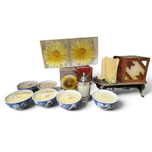 Decorative Candle Lot - Candles in Blue & White Bowls, Art Candles & Floating Candles