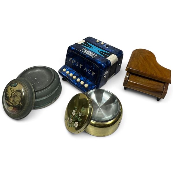 First Act Accordion, Metal Trinket Music Boxes & Wooden Piano Box