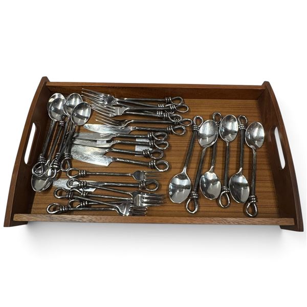 Wrought Iron Flatware Set w Acacia Wood Tray