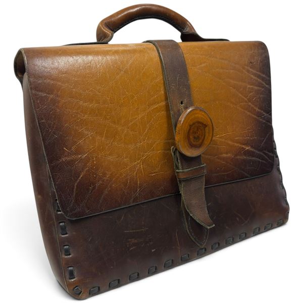 Leather Briefcase with Strap Closure & Wood Button - 3" x 15" x 12" tall