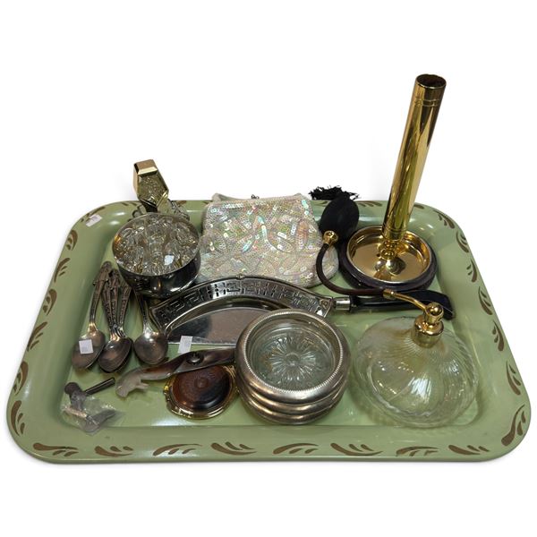 Vintage Vanity & Dresser Accessory Lot Featuring a Green Painted Metal Tray