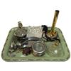 Image 1 : Vintage Vanity & Dresser Accessory Lot Featuring a Green Painted Metal Tray