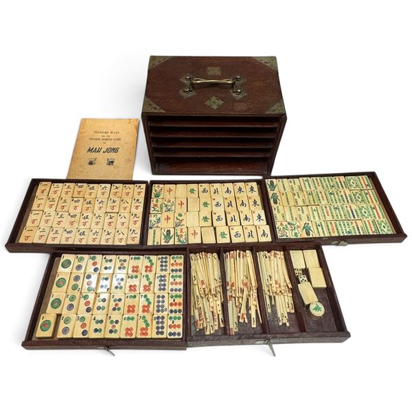 Antique Mah Jong Set w Wooden Box & Rule Book