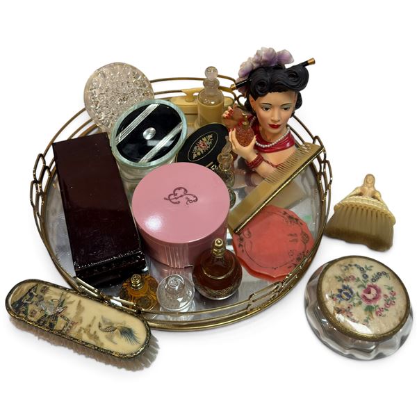 Assorted Vanity Items & Vanity Tray w Head Vase