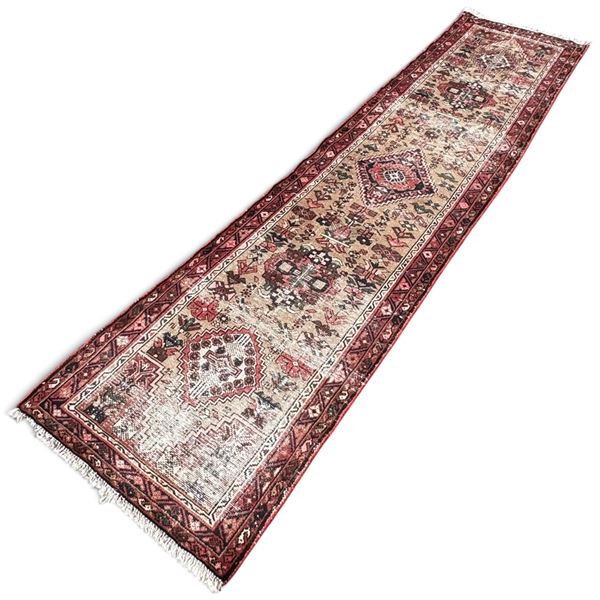 Vintage Persian Hand Knotted Wool Rug w Geometric Pattern Hand Knotted Made in Iran 9'10"x2'4"