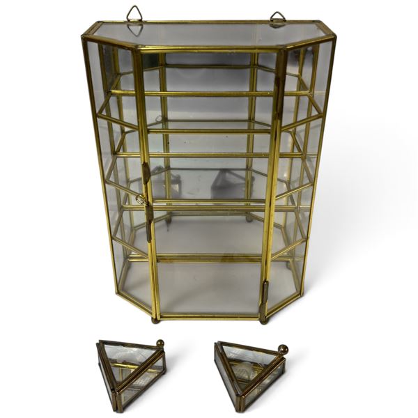 Glass Display Case & Two Triangle Glass Trinket Boxes