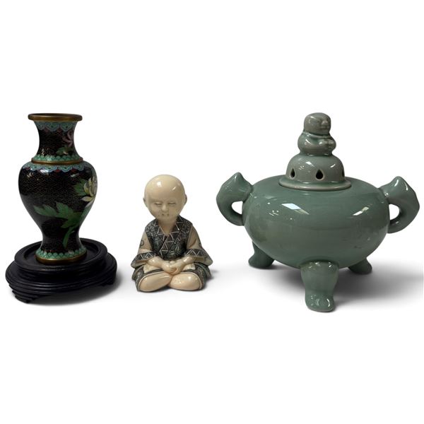 Cloisonné Vase, Faux Ivory Zen Child & Green Glazed Porcelain Incense Burner
