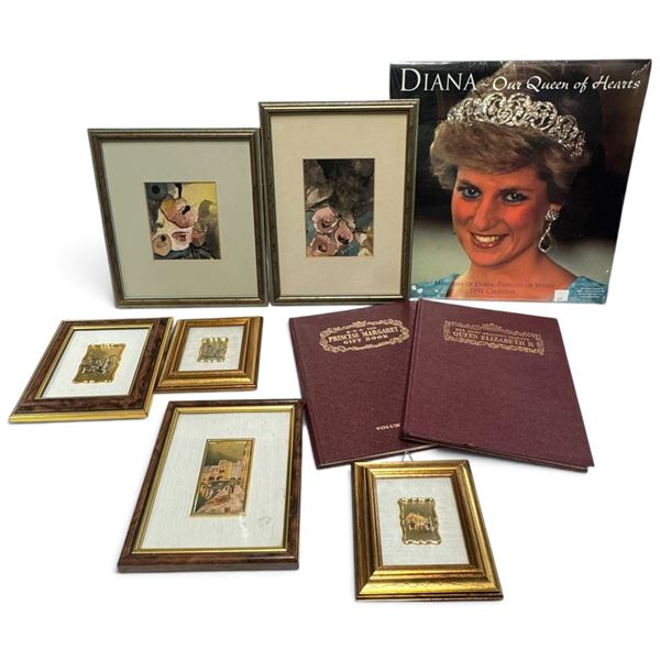 2 Original Watercolours, Princess Diana 1998 Calendar, Royal Books & Gold-Foil Framed Art Collection