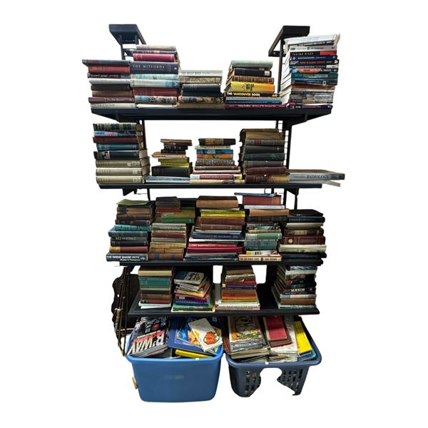 Large Estate Library of Vintage and Modern Books on Shelves and in Bins, Mixed Subjects, As-Found