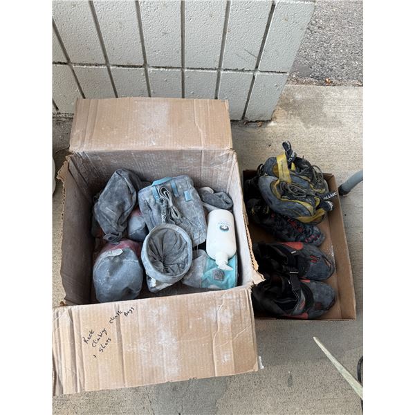 Rock, climbing shoes, and chalk bags