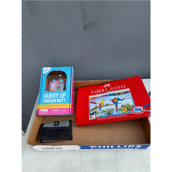 Hot potato game, wallet, and pencil crayons