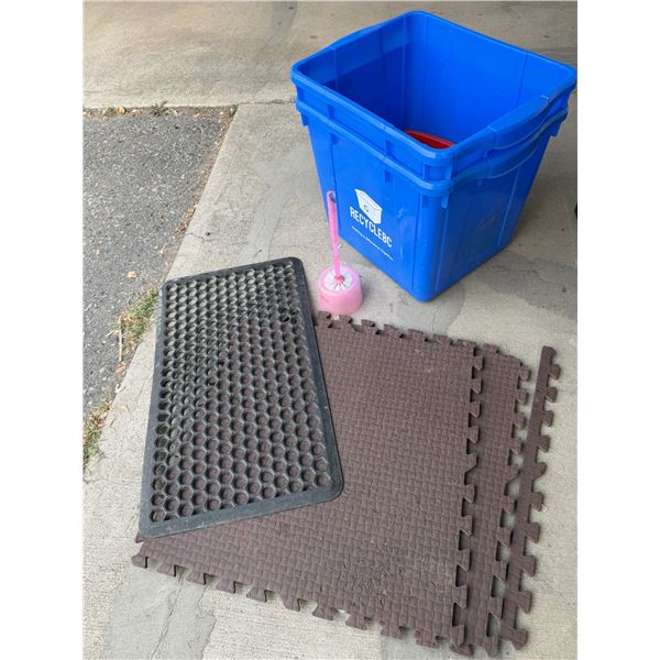 Recycle bins mats and toilet brush