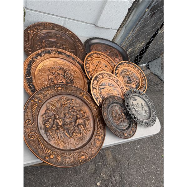 vintage 3D embossed and hammered copper and brass wall hanging plates