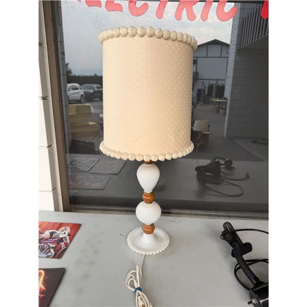 vintage mid-century hobnail milk glass table lamp featuring textured white glass globes with wooden 