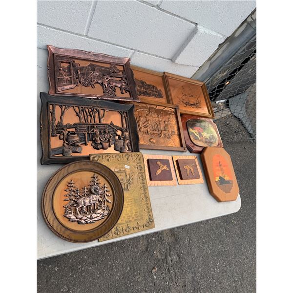 features vintage mid-century 3D copper-toned resin wall plaques and art pieces,