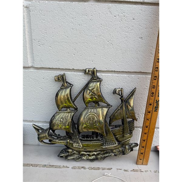 vintage mid-century nautical wall hanging features a 3-masted galleon or pirate ship design crafted 