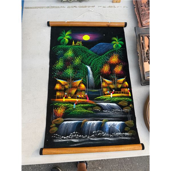 vibrant hanging scroll features a hand-painted fluorescent or glow-in-the-dark tropical landscape on