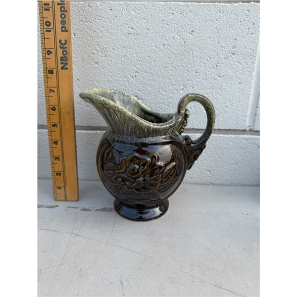 vintage Hull Pottery green and brown drip-glaze ceramic pitcher