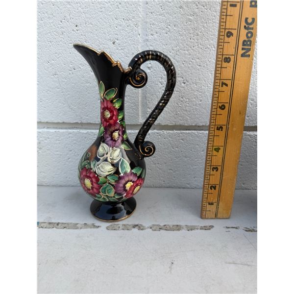 vintage hand-painted ceramic ewer/pitcher vase features a glossy black glaze, vibrant pink and purpl