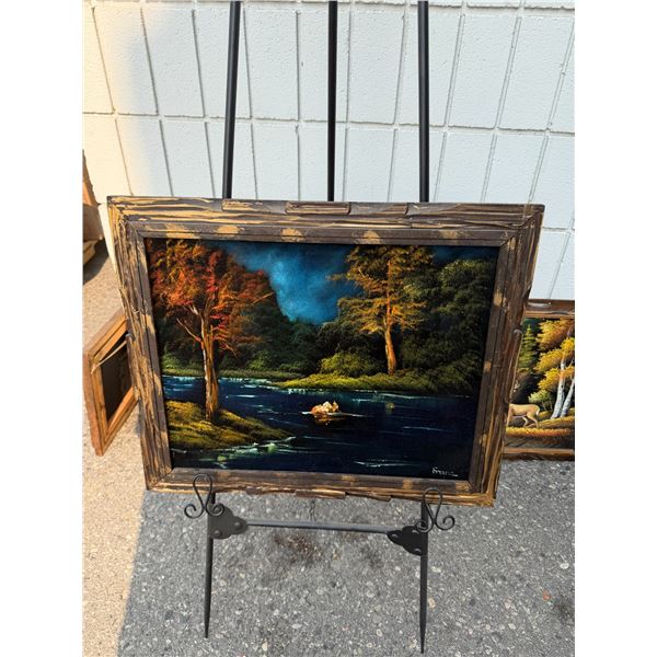 vintage mid-century black velvet oil painting featuring a luminous nocturnal river landscape with vi